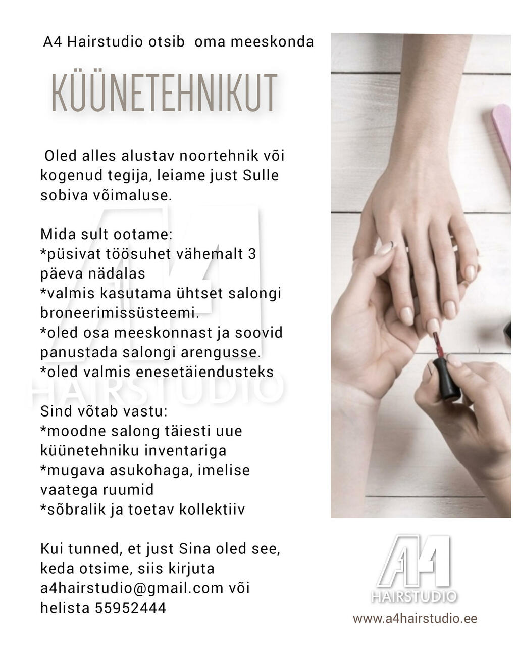 küünetehniku kuulutus A4 Hairstudio Vabad Töökohad
